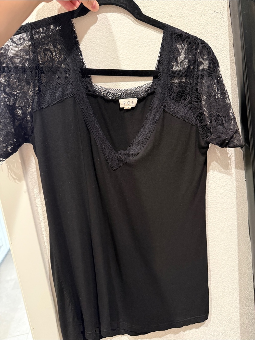 POL Black Lace-Trim V-Neck Top